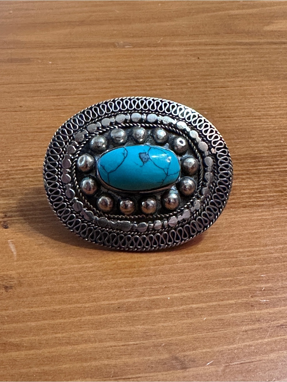 Large Turquoise Oval Filigree Statement Ring Silver Tone Boho Artisan Adjustable